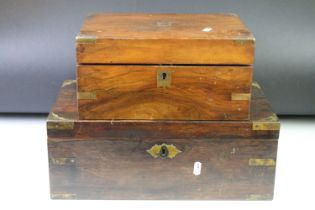 Two Victorian wooden writing boxes, to include a campaign style rosewood example with brass
