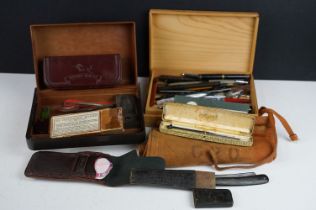 A box of mixed collectables to include a collection of ballpoint and fountain pens, cut throat