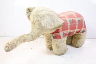 Mid 20th Century French toy stuffed elephant stitched with tartan fabric and fur. Measures 77cm from