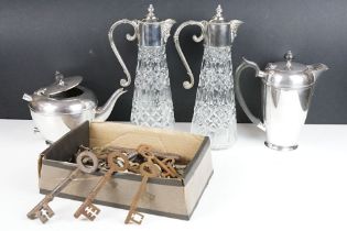 A pair of cut glass and silver plated claret jugs together with a silver plated teapot & water jug