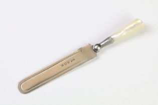 A fully hallmarked sterling silver bookmark with mother of pearl handle, assay marked for Birmingham
