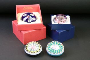 Four Perthshire Glass millefiori paperweights, with central 'P' canes, featuring two boxed examples,