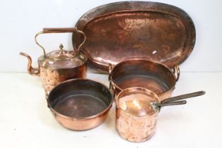 19th Century Victorian copper kitchenware to include a large kettle, two twin handled pans, lidded