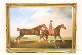 20th century English School, gentleman in a red jacket riding a horse and leading another, oil on