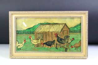 Chickens outside a hen house, oil on board, 16 x 30.5cm, gilt framed and glazed