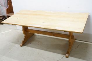 20th century pine refectory table, with stretchered frame support, 72.5cm high x 182.5cm wide x 80cm