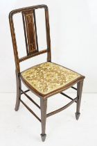 Edwardian mahogany bedroom chair with pierced and inlaid, strung splat back on turned tapering