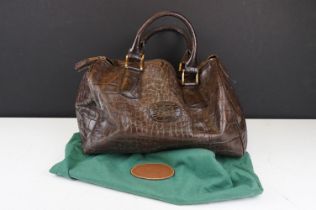Mulberry dark brown leather crocodile effect handbag, with Mulberry storage bag, 20cm high x 35cm