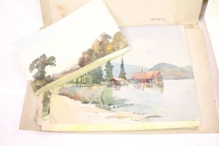 Portfolio containing a selection of landscape watercolours together with a folio of ten Carl Larsson