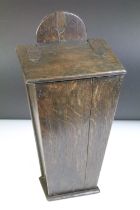 Antique oak candle box of tapering form, approx 41cm high