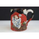 Japanese Sumida Gawa pottery mug / tankard, with relief decoration of a figure, signed Ryosai,