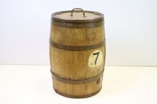 Victorian oak and iron bound barrel with lidded top, 57.5cm high, 38cm diameter (top)