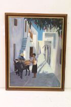 Continental School, street scene - figures with a mule, oil on canvas, initialled lower left C.J.D.,