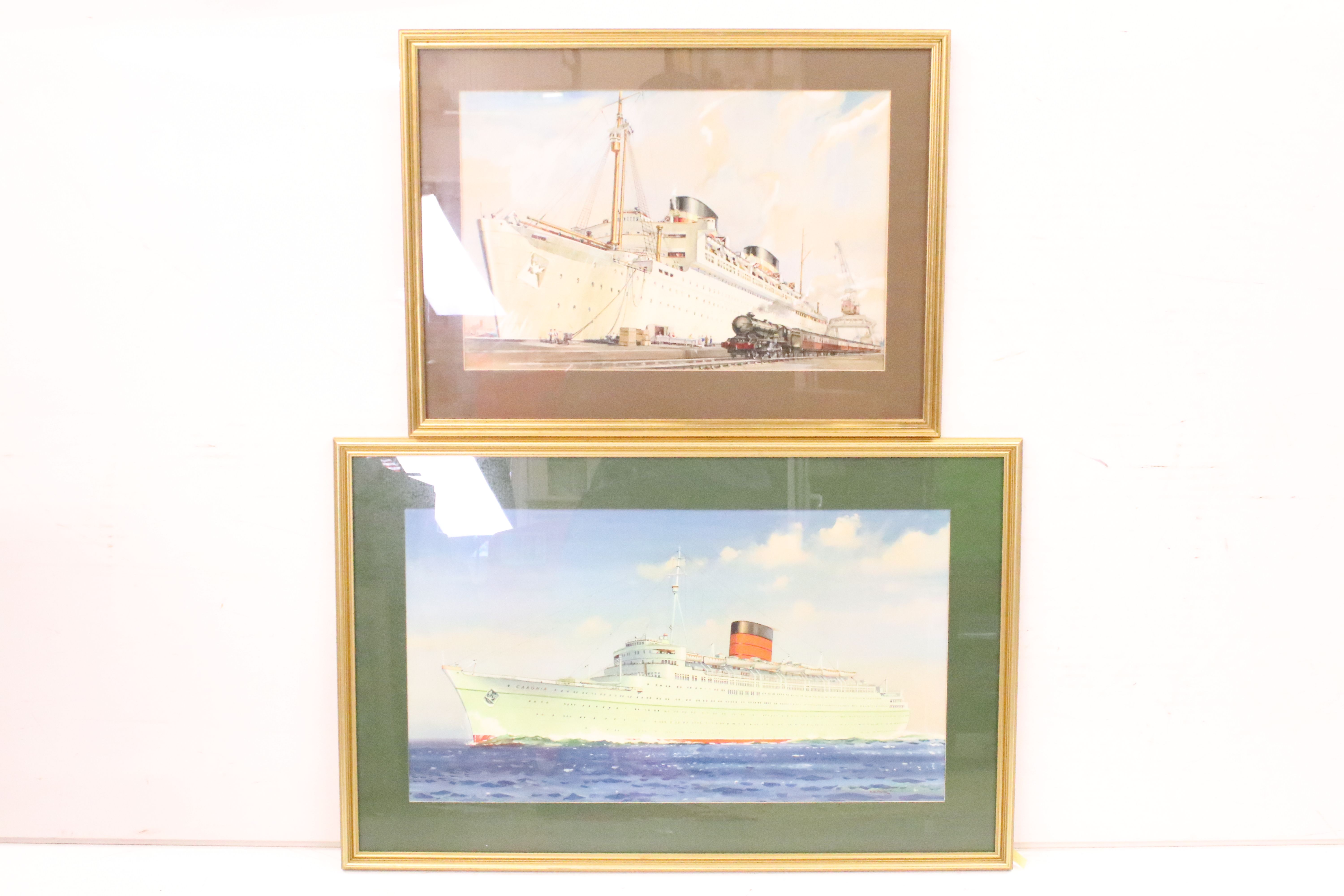 Study of an ocean liner with train in the foreground, watercolour heightened with white, 30 x 46.5cm
