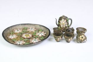 A Chinese miniature enamelled coffee pot with six cup and matching tray.