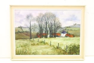 Angela Fielder, an extensive view of a farmhouse in rolling hills in Marlow Buckinghamshire, oil