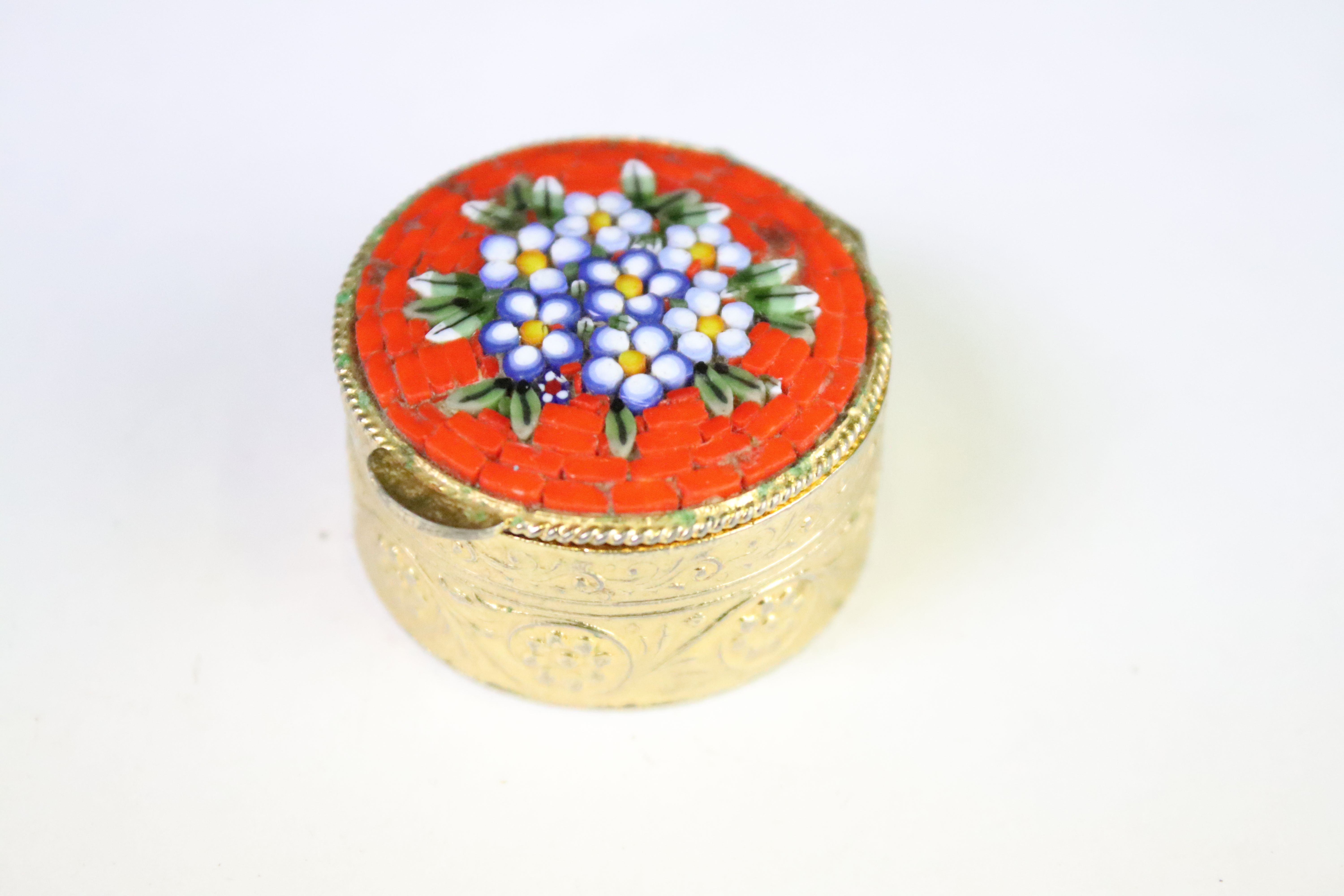 A collection of four vintage micro mosaic pill boxes to include three marked Italy. - Image 6 of 7