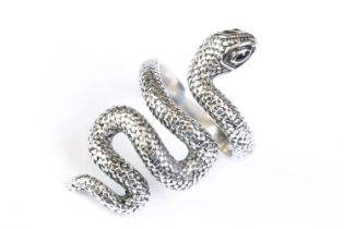 A 925 sterling silver ladies snake ring, detailed scales to the snake and set with black stones to