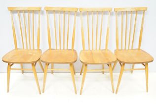 Set of four Ercol blonde elm and beech stickback chairs, model 608, two with partial maker's