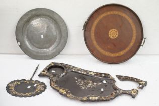 A small group of collectables to include a wooden tray with inlayed decoration, pewter charger and a