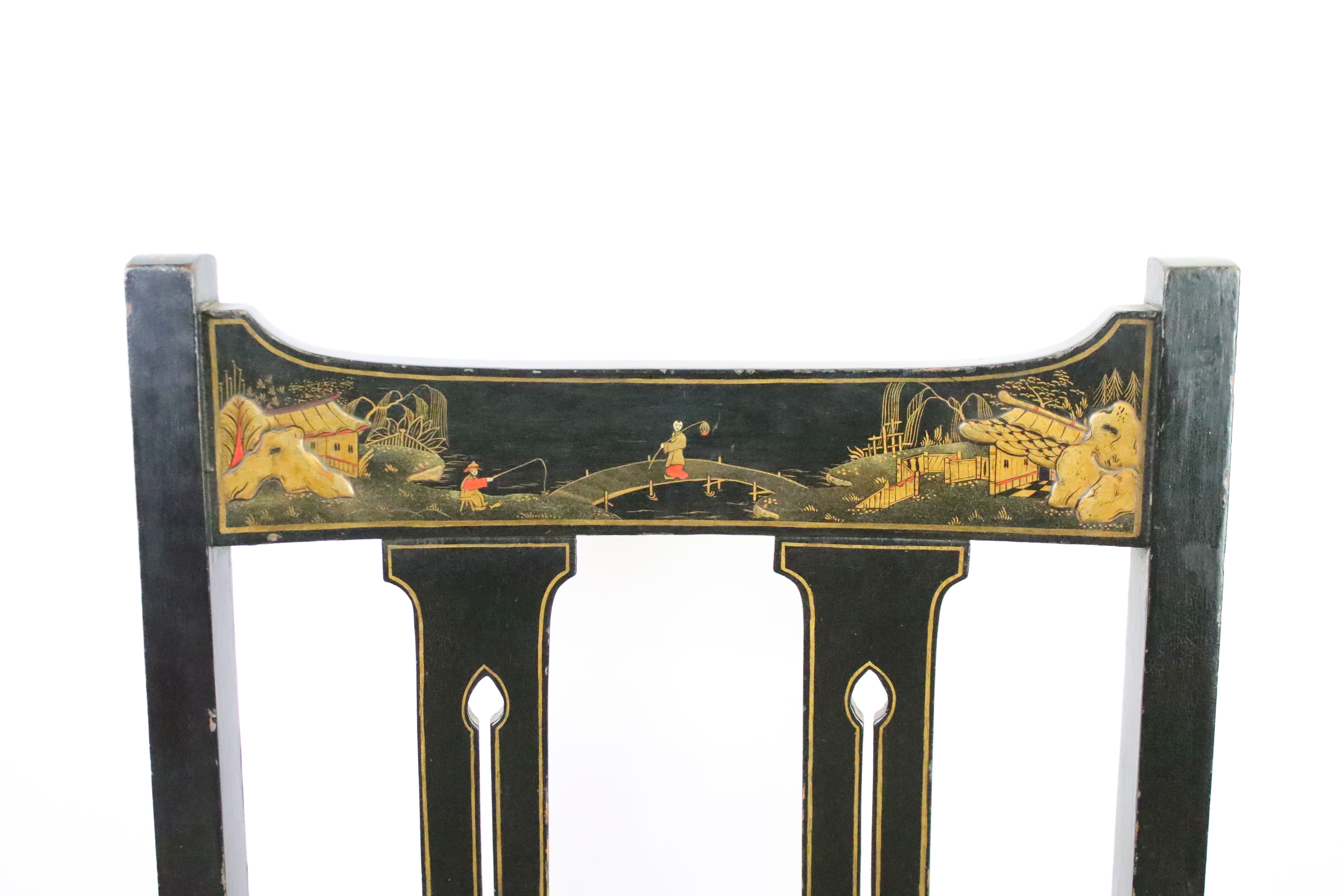 19th century Oriental japanned chair, decorated with painted panels, 111.5cm high x 60cm wide x 59cm - Image 3 of 5