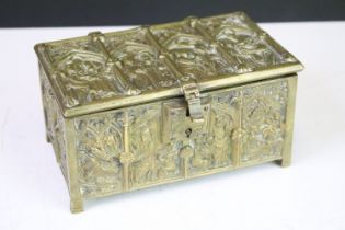 A brass casket box with apostle decoration by Adolph Frankau, makers mark to base.