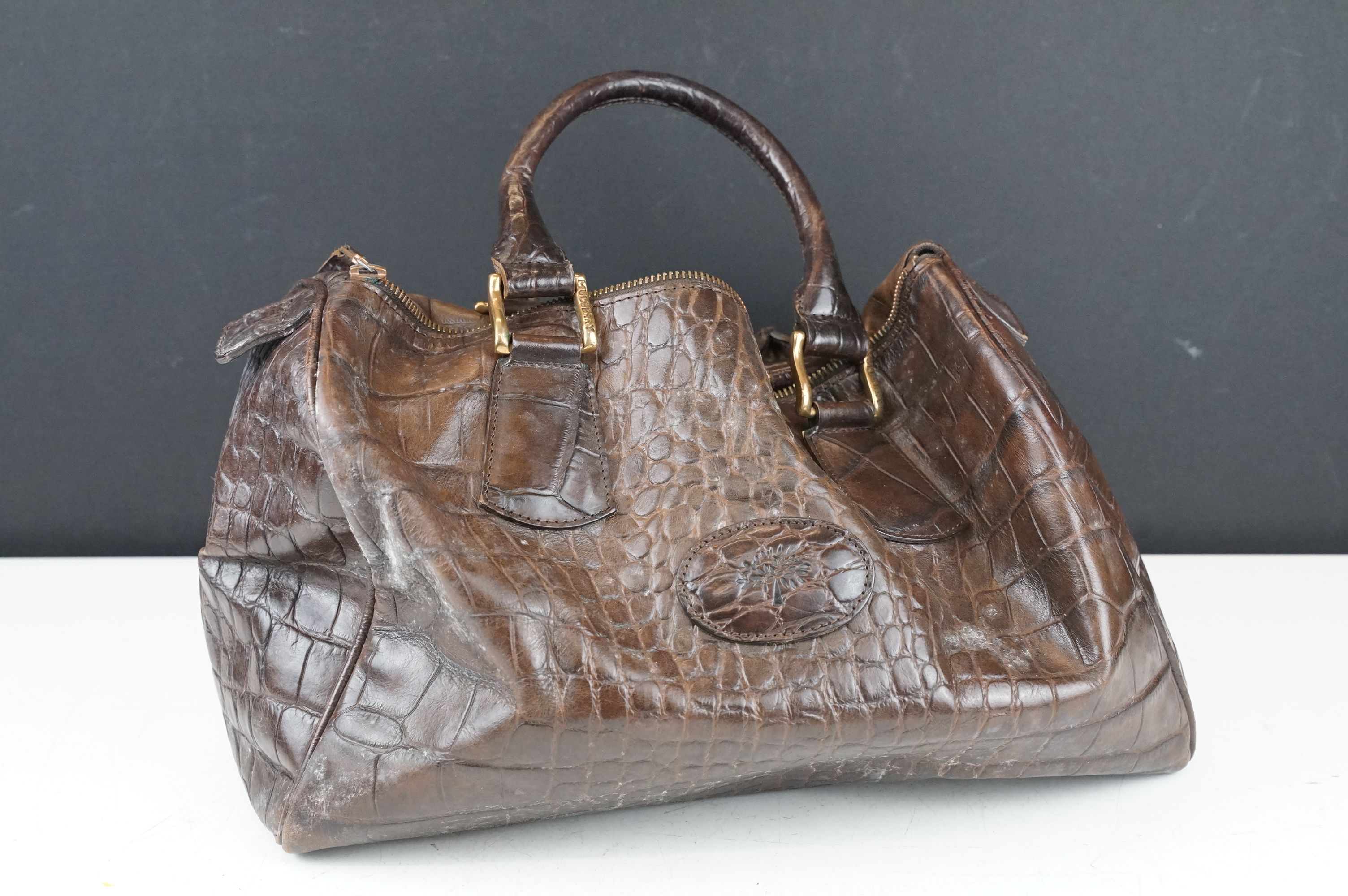 Mulberry dark brown leather crocodile effect handbag, with Mulberry storage bag, 20cm high x 35cm - Image 2 of 12