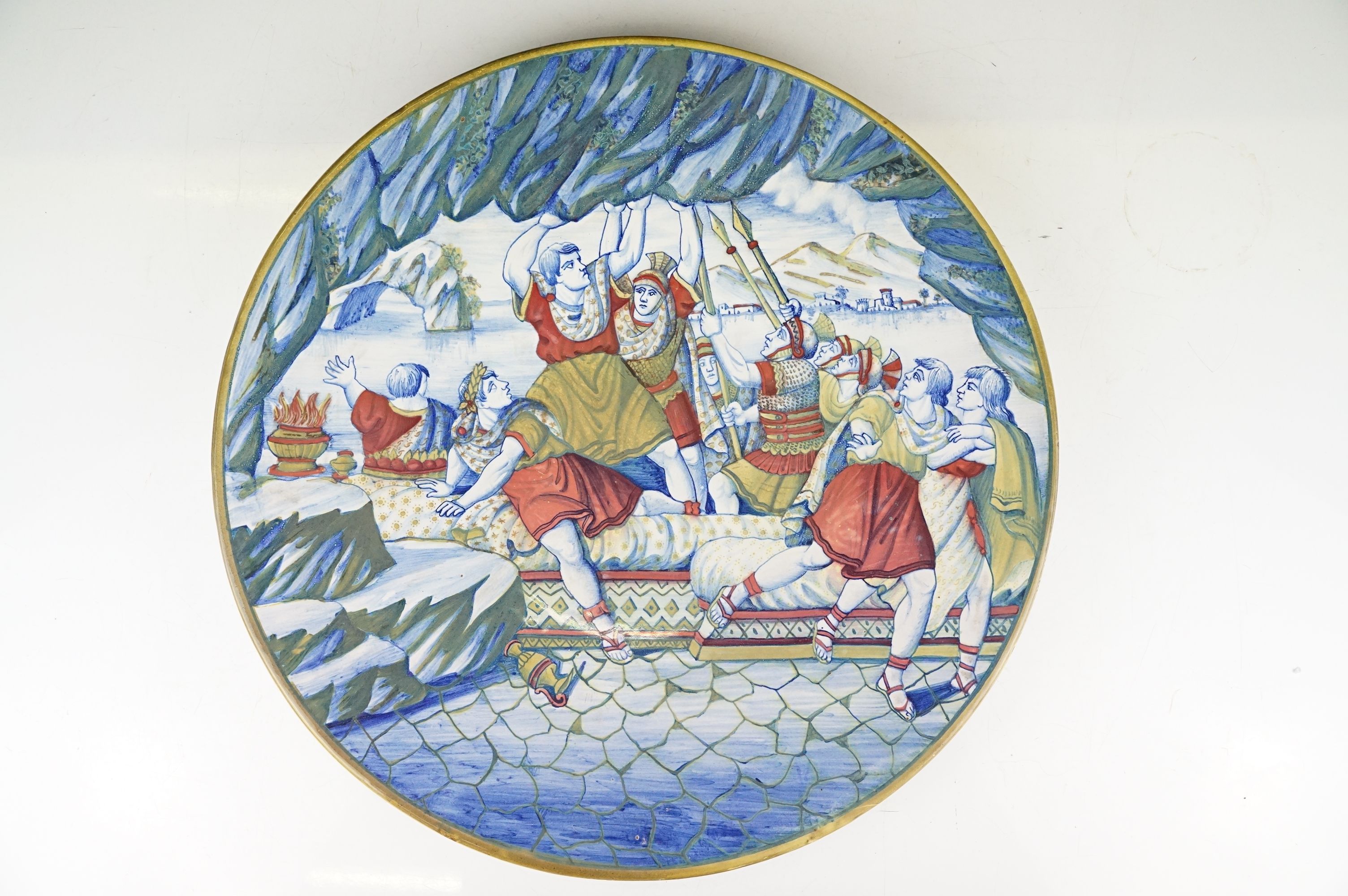 Two Italian faience wall plates, one depicting Roman figures with a volcano beyond, the other with a - Image 3 of 13
