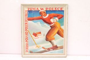 Framed oil painting artwork scene with skier, inscribed with lettering relating to Poland, 59 x 49cm