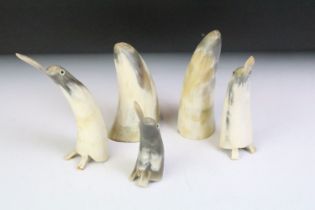 Group of five horn ornaments to include three carved in the form of penguins. Tallest approx 17.5cm