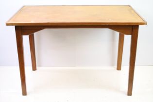 Mid century mahogany table on square tapering legs, paper label below for B.C & S. Ltd, London (