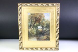 19th century, peaceful country scene with man on river bank fishing, oil on canvas, 21 x 16cm,