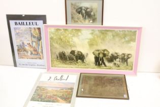 David Shepherd (1931 - 2017), herd of elephants, colour print on board, 50 x 100cm, framed,