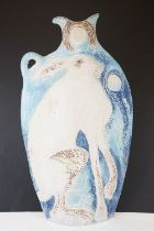 Michelle Cowmeadow studio pottery hare slab vase on blue ground, with single handle, initialled to