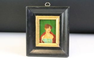 Head and shoulders, portrait of a Victorian lady in a red cloak, oil on board, 7.5 x 5cm, framed and