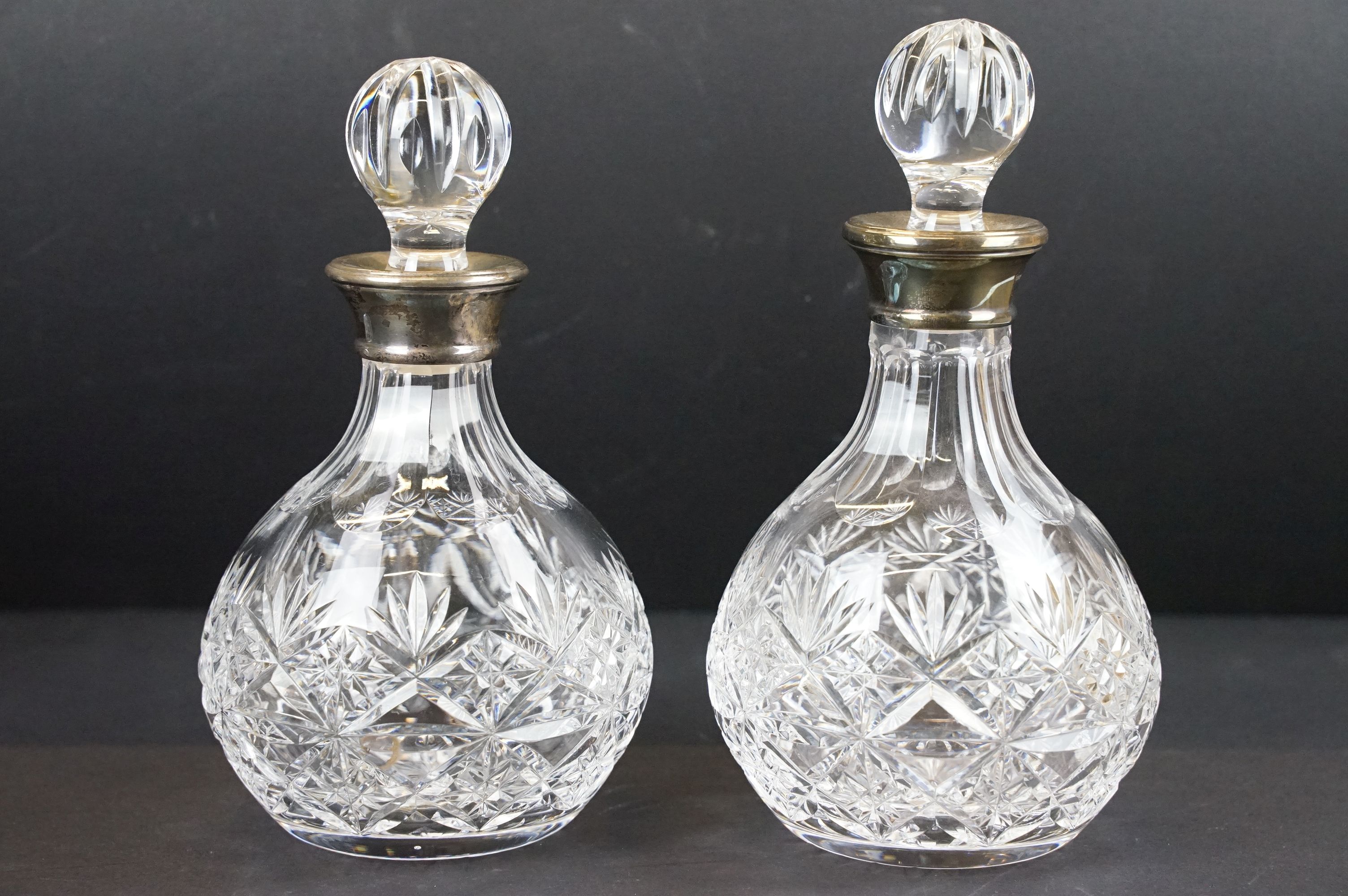 Two pairs of late 20th century cut glass decanters with silver hallmarked collars, circa 1990's ( - Image 6 of 15