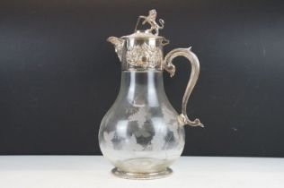 Etched glass claret jug with silver plated fittings, approx 30cm tall