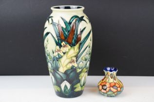 Moorcroft 'Bulrush & Waterlily ' pattern pottery vase of tapering form, impressed marks and 'WM'