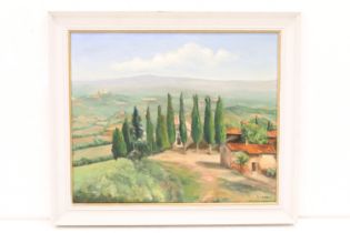 S Hubble, 20th century, oil on canvas, Tuscan farmhouse in an extensive landscape, signed, 49.5 x