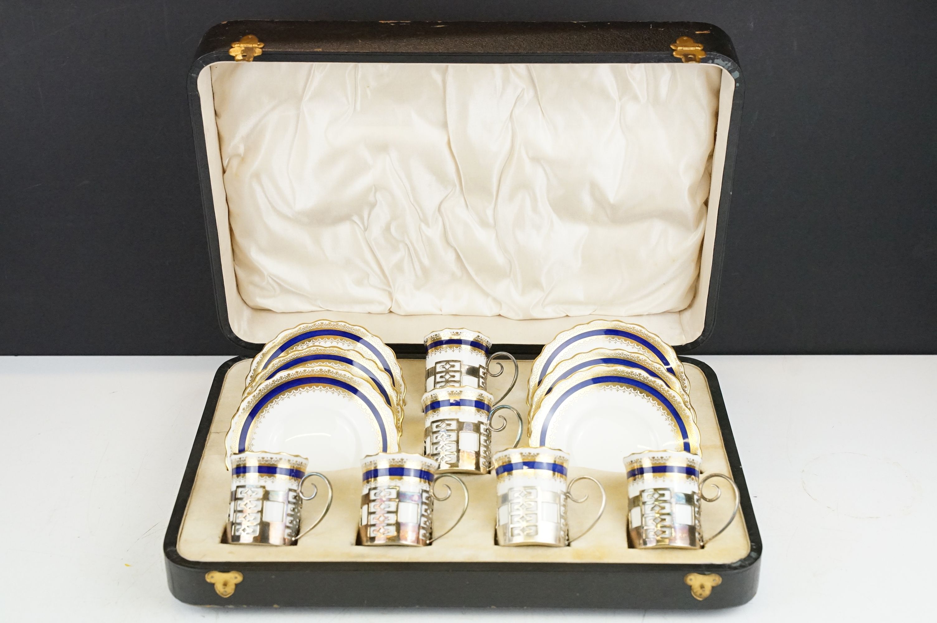 Early 20th century cased set of six Aynsley coffee cups & saucers with cobalt blue & gilt
