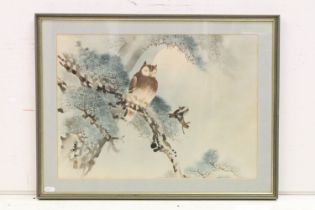 Chinese School, owl perched on a branch, watercolour, signed lower left with red character marks,