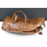 Mulberry brown leather crocodile effect weekend bag, with tartan lining, with additional long