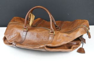 Mulberry brown leather crocodile effect weekend bag, with tartan lining, with additional long