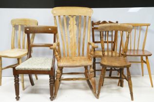 Windsor rocking chair with carved splat back (approx 103cm high), together with five further chairs,