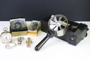 A small group of collectables to include ladies and gents wristwatches, desk top clock, miniature