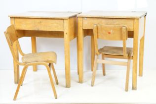 Two mid century school desks and chairs, the desks - 72cm high x 60.5cm wide x 50.5cm deep