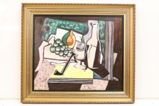 Studio framed oil painting, still life of fruit, bottle and pipe in an interior setting, 51.5 x 61.