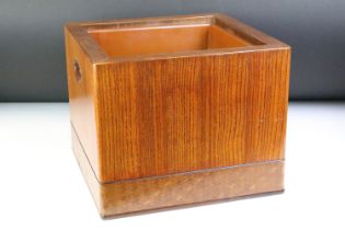 Japanese wooden Hibachi of square form, with copper liner and twin inset handles, measures approx