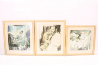 F. Behart, three illustrations of Jazz greats, comprising: pianist, watercolour, signed lower left