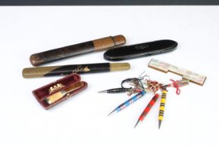 A small group of mixed collectables to include bridge pens, lacquer ware spectacles case, cheroot